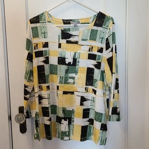 JM Collection green and yellow print top size L